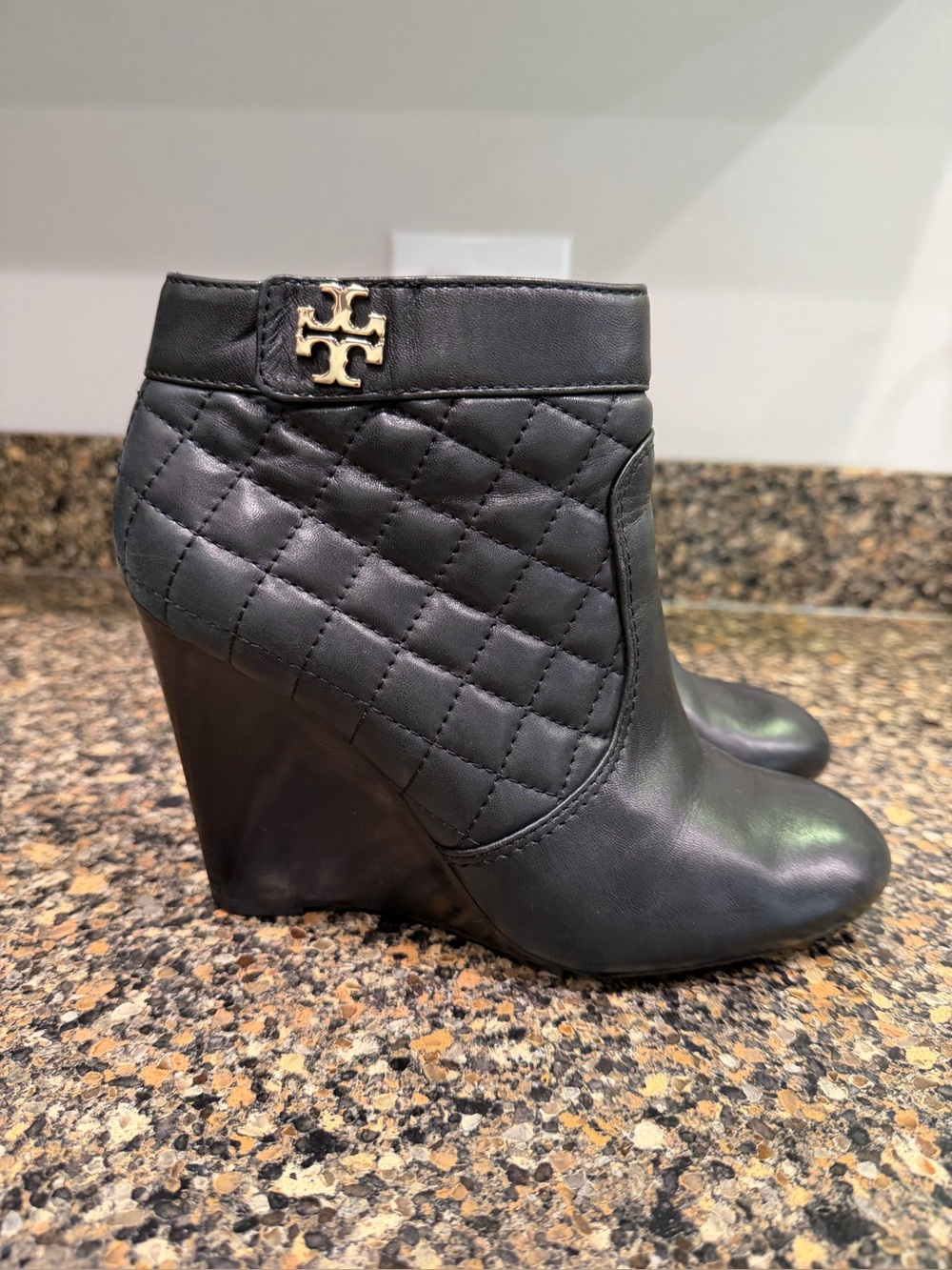 Tory Burch Black Quilted Wedge Ankle Booties with Gold Logo Leila 7.5